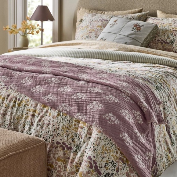 Threshold Studio McGee Floral Block Print Jacquard Throw Purple/Cream - Picture 2 of 7